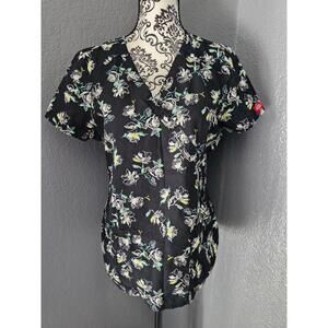 Women's Dickies Medical Scrub Top Floral Black Size Medium Pockets V-Neck Blouse